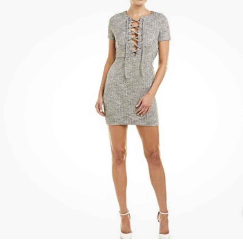 J.O.A. Gray Ribbed Lace Up Knit Stretch Side Zipper Shift Mini Dress Size Medium